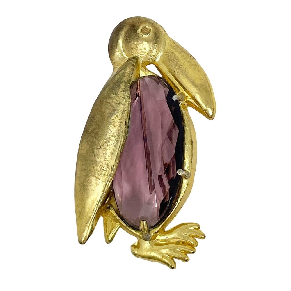 Vintage Gold Tone Brass Toucan Pelican Bird Brooch Amethyst Glass Stone 2 1/2"